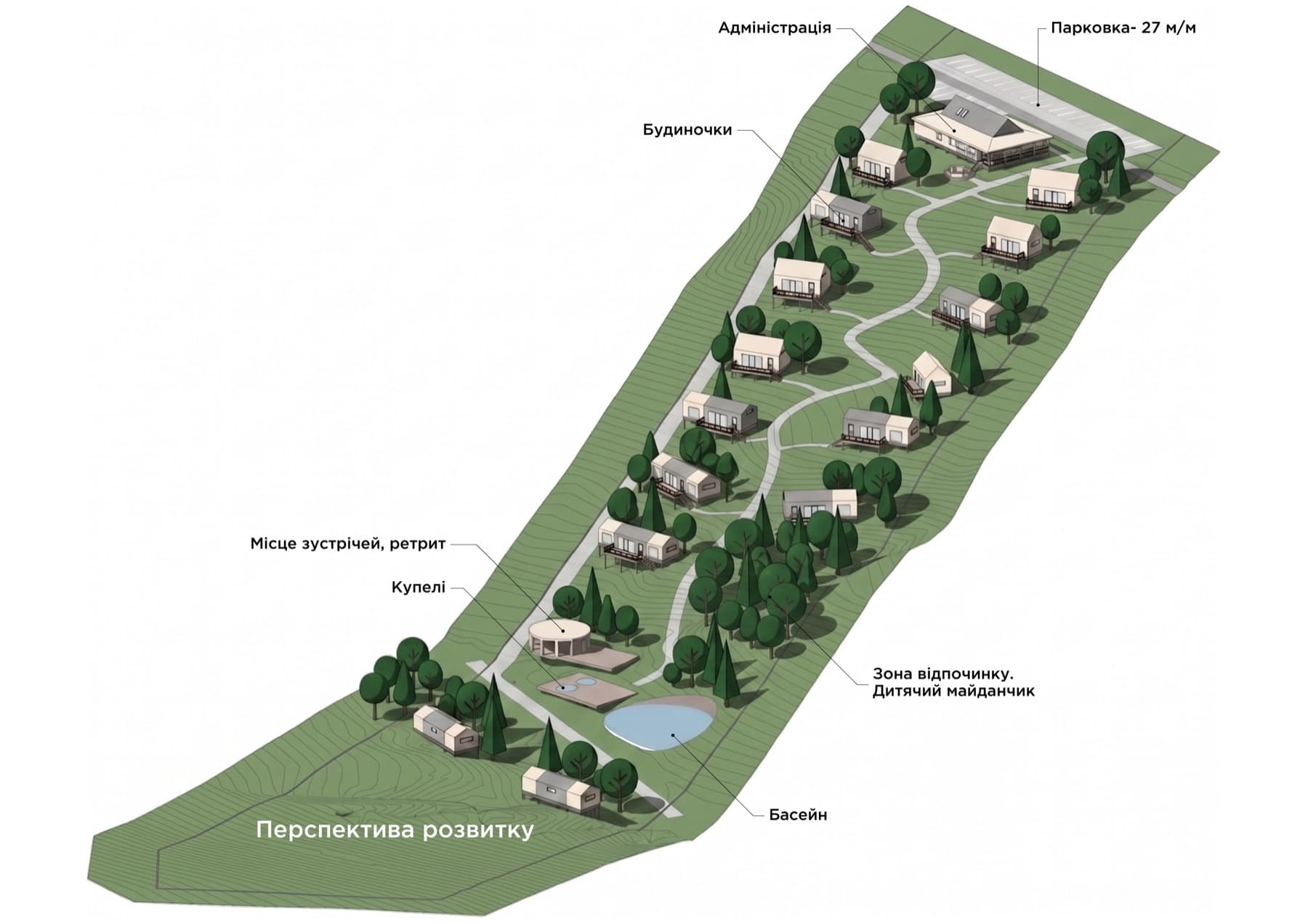 Генеральний план комплексу КРАЙ — розташування будинків, адміністрації, басейну та зон відпочинку